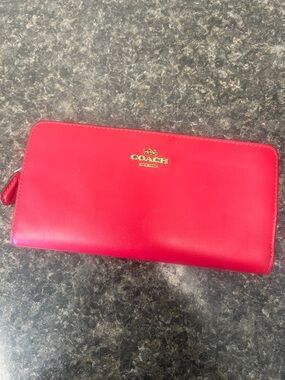 Coach Red Leather Zip Wallet with Gold Logo